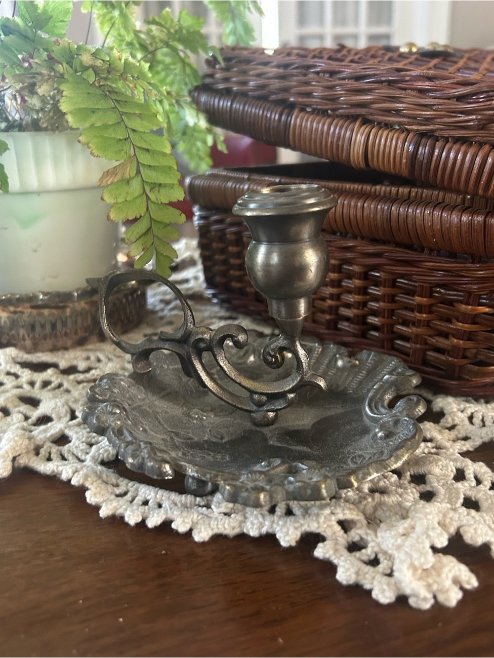 Antique Silverplate Chamberstick Candle Holder, Floral Victorian Style